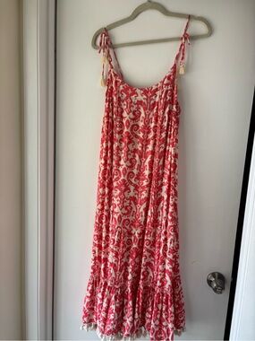 Tassel-Shoulder Red and Cream Printed Maxi Dress